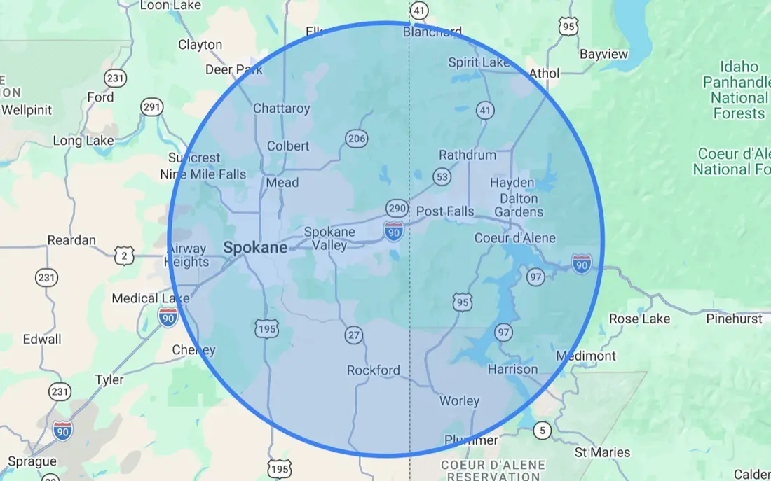 Map shaded around Spokane, Spokane Valley, Coeur d'Alene and Post Falls