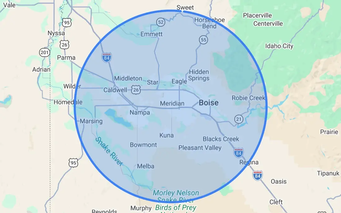 Map of the Treasure Valley shaded around Boise, Meridian and Nampa