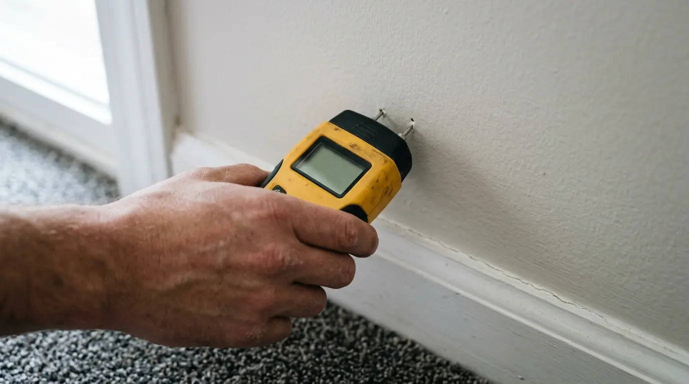 Hand pressing a pin moisture meter into drywall above the baseboard, mold inspection in Idaho and Eastern Washington