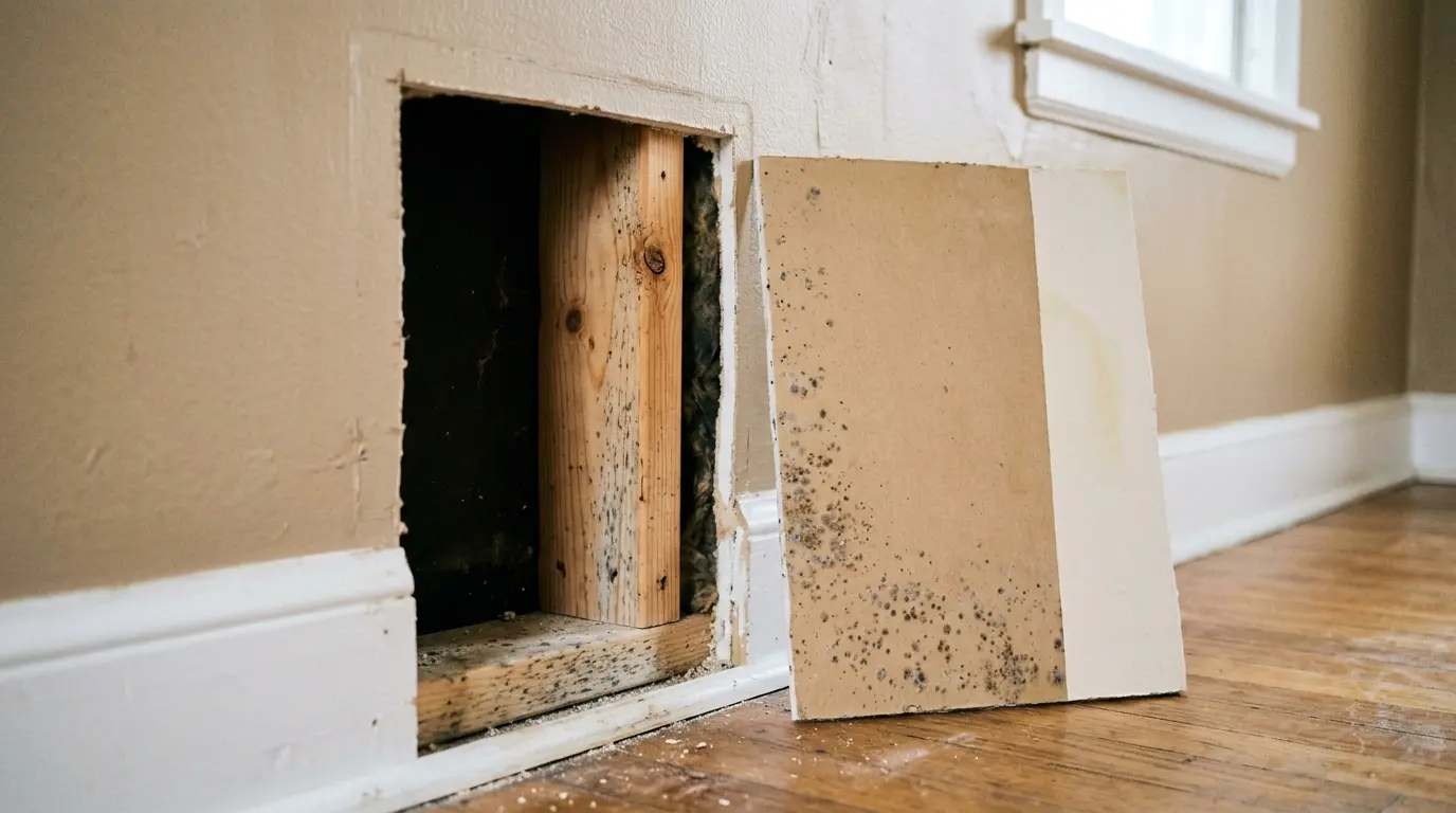 Drywall cut away from framing, mold spotting on the back of the panel, mold inspection in Idaho and Eastern Washington