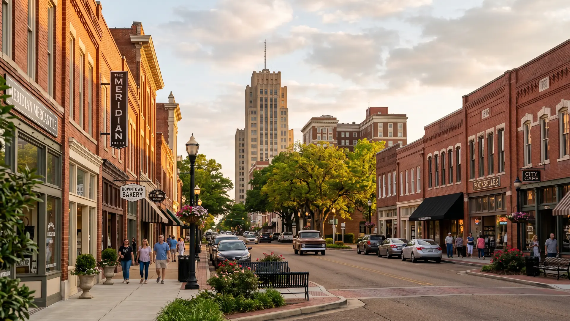 Brick storefronts and a tall downtown tower along a busy sidewalk at sunset, water damage restoration in Meridian, ID