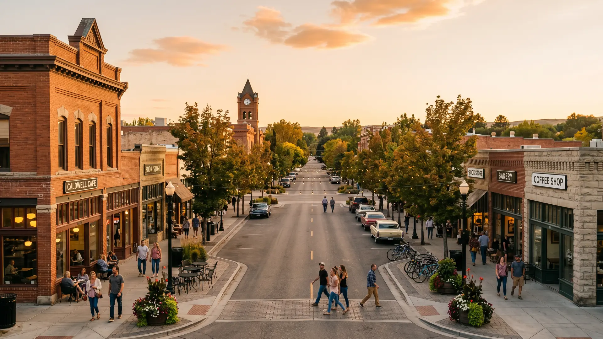 Brick main street with shops, pedestrians and a clock tower at sunset, water damage restoration in Caldwell, ID