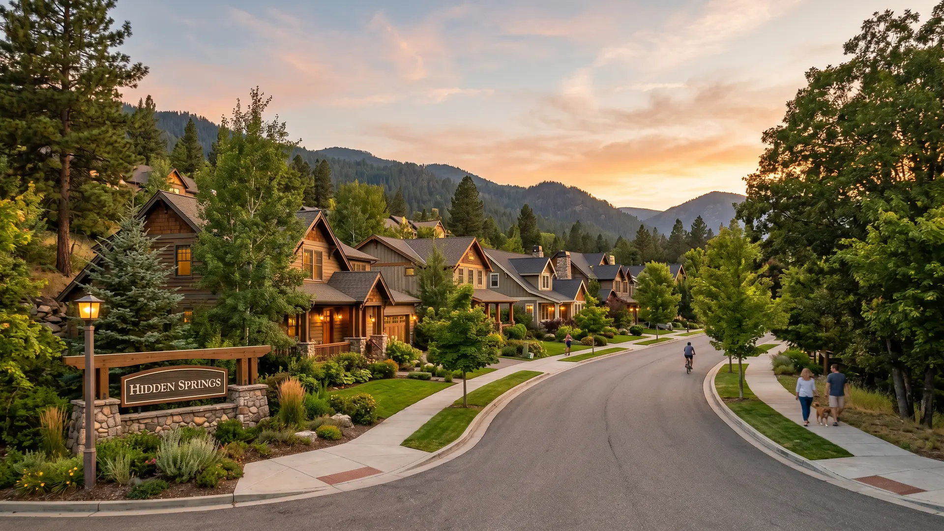 Craftsman-style homes along a curving street below forested mountains, water damage restoration in Hidden Springs, ID