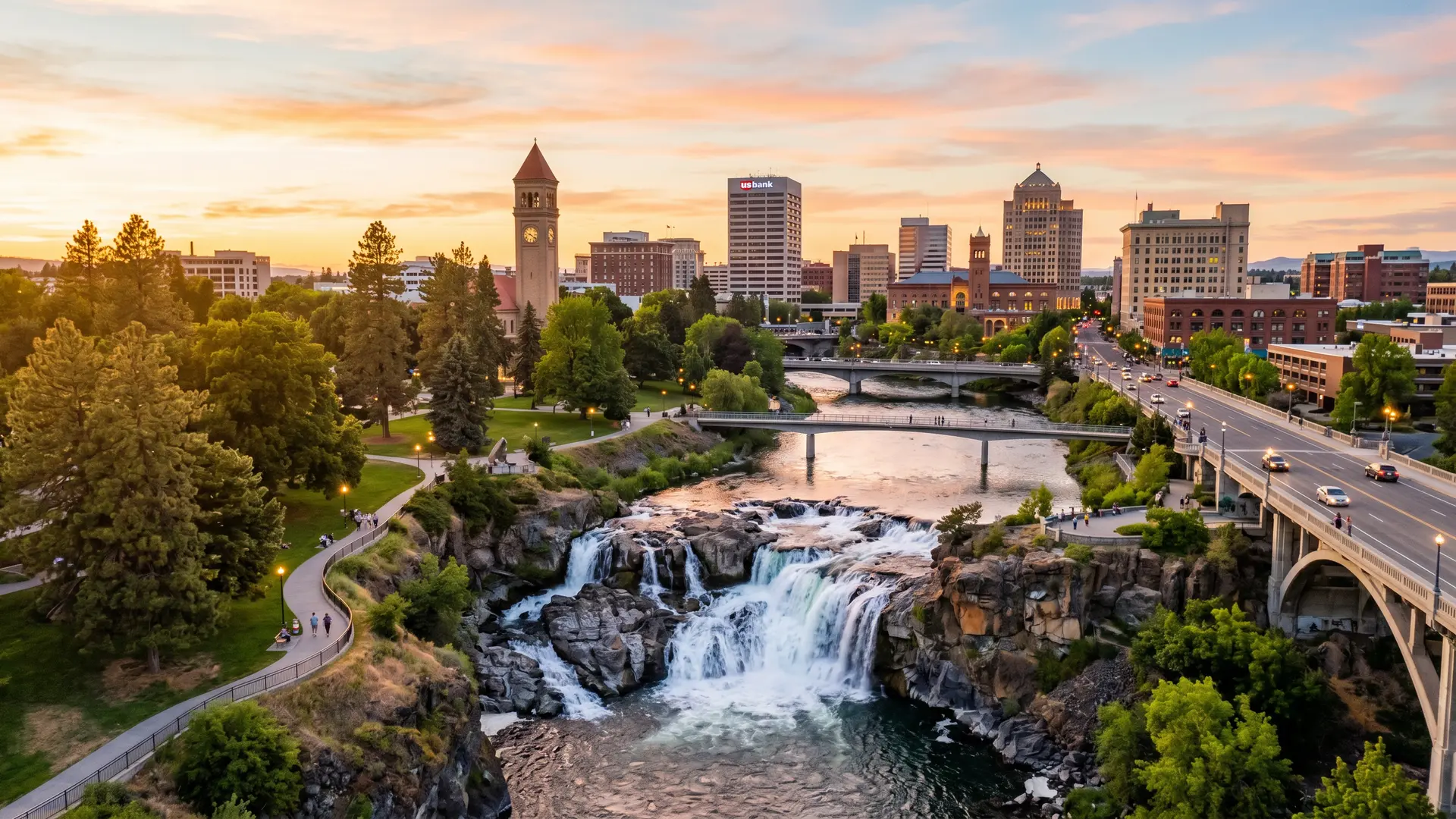 Waterfalls, a clock tower and downtown high-rises beside a bridge at sunset, water damage restoration in Spokane, WA