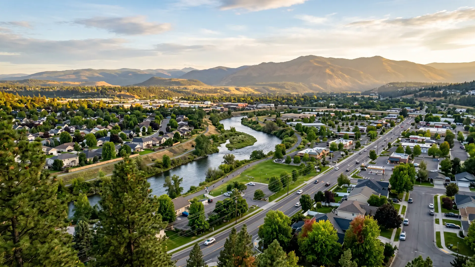 Aerial view of a river winding past homes toward rolling mountains, water damage restoration in Spokane Valley, WA