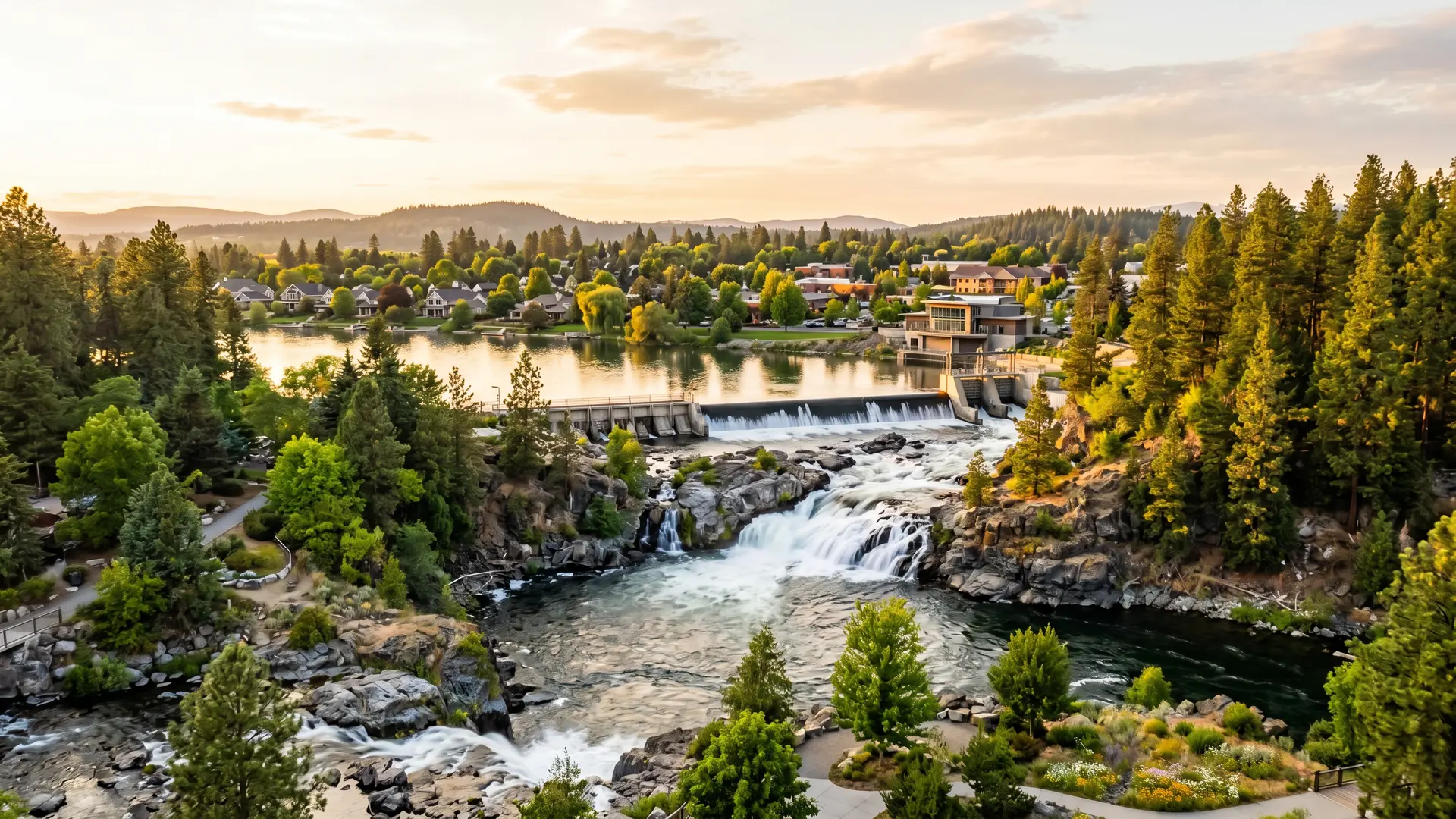 River falls and a low dam below pine forest and riverside homes, water damage restoration in Post Falls, ID