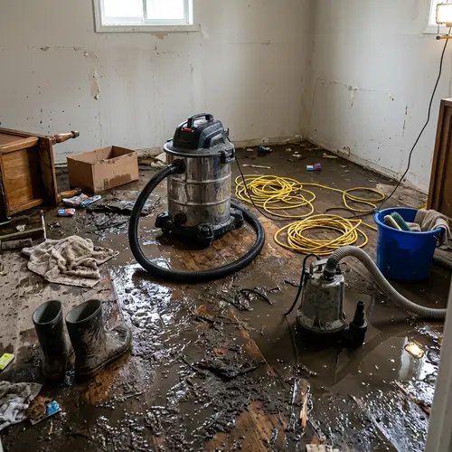 Muddy flooded room with a shop vacuum, submersible pump, water damage restoration in Idaho and Eastern Washington