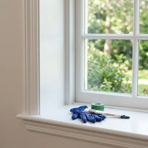 Blue gloves, tape and a putty knife on a white window sill, water damage restoration in Idaho and Eastern Washington