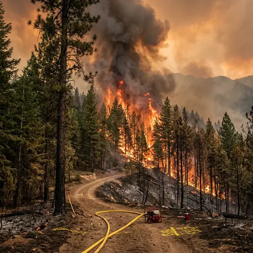 Forest fire burning on a hillside beside a dirt road and a hose line, wildfire in Idaho and Eastern Washington