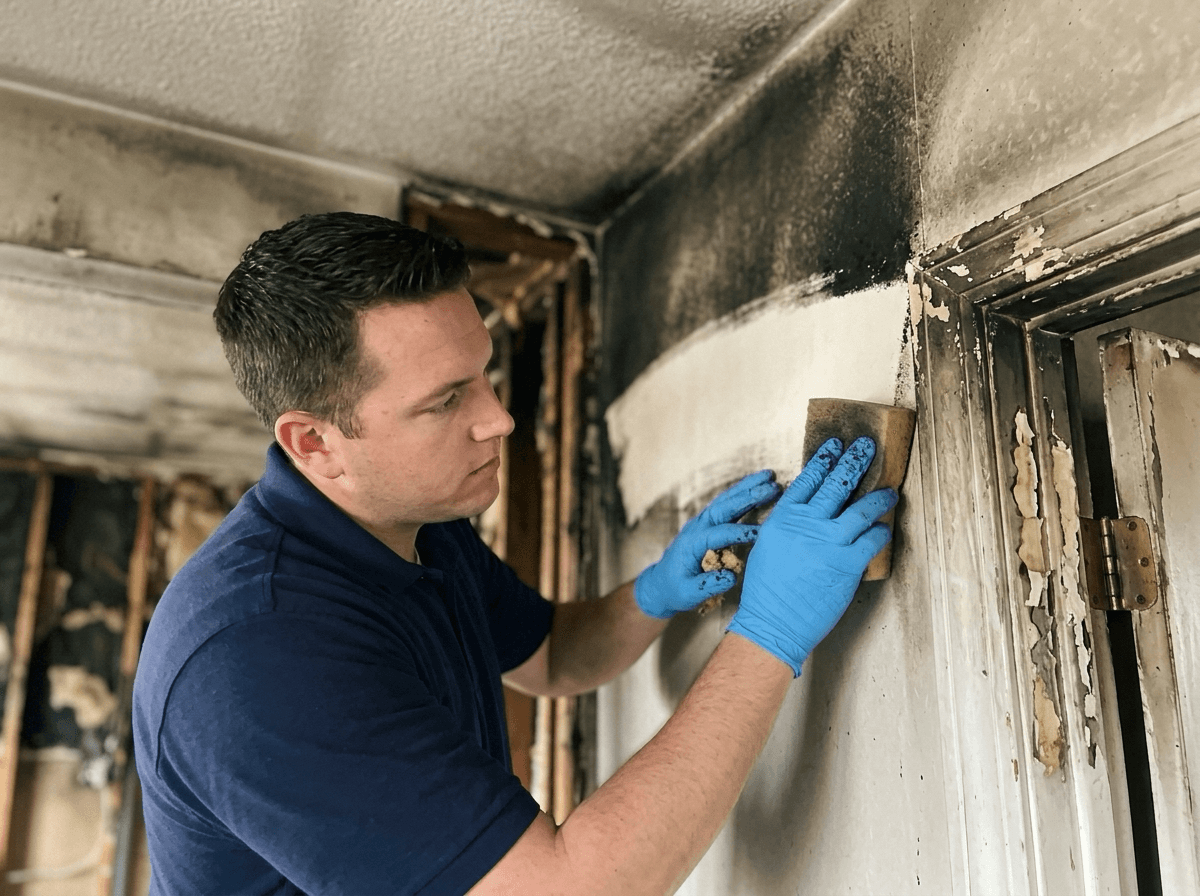 Apex Restoration technician cleaning soot from a fire-damaged wall during smoke damage restoration